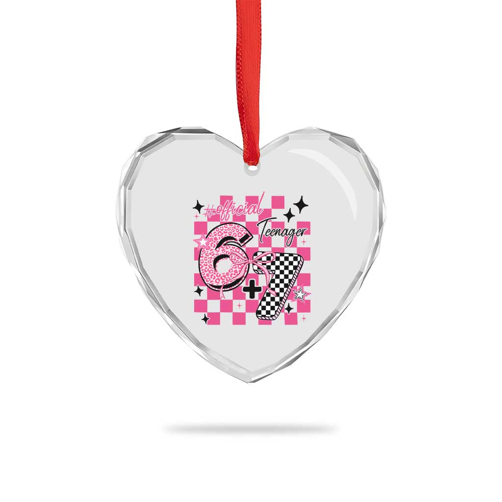 Funny 13th Birthday Official Teenager Heart Crystal Glass Ornament 6+7 13 Year Old Kids Girls Pink Checkered 67 Meme