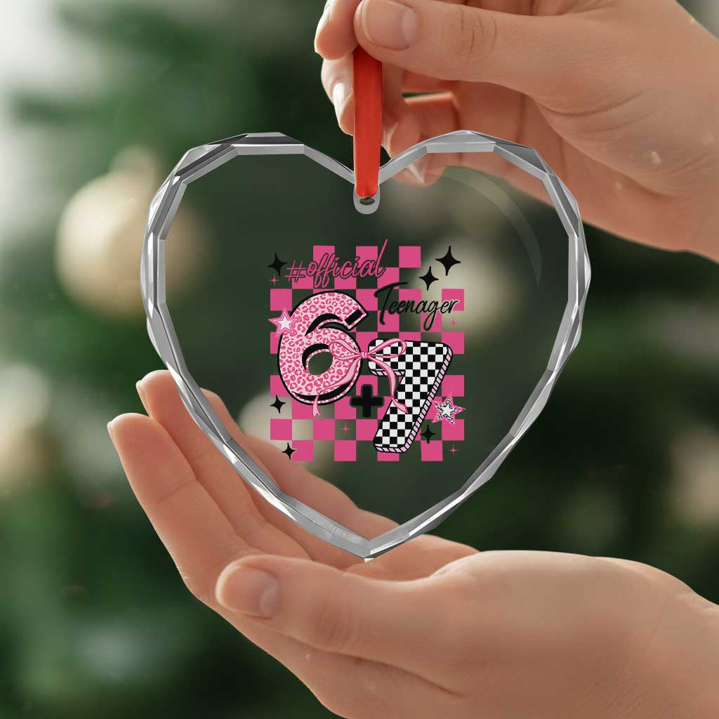 Funny 13th Birthday Official Teenager Heart Crystal Glass Ornament 6+7 13 Year Old Kids Girls Pink Checkered 67 Meme
