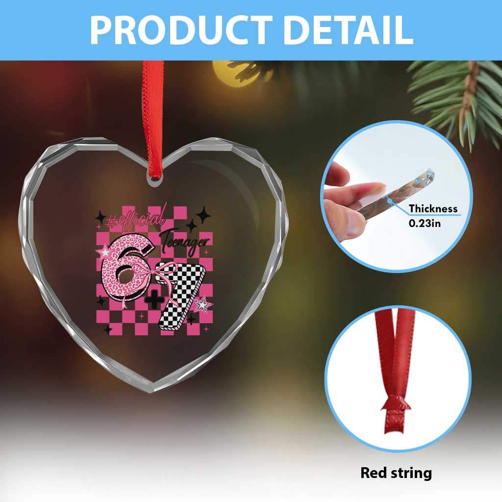 Funny 13th Birthday Official Teenager Heart Crystal Glass Ornament 6+7 13 Year Old Kids Girls Pink Checkered 67 Meme
