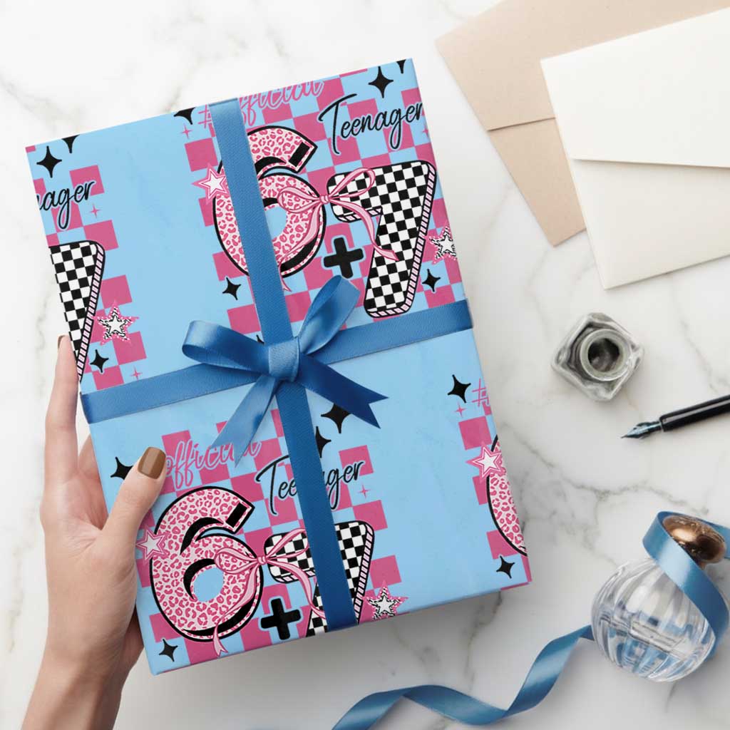 Funny 13th Birthday Official Teenager Wrapping Paper Roll 6+7 13 Year Old Kids Girls Pink Checkered 67 Meme