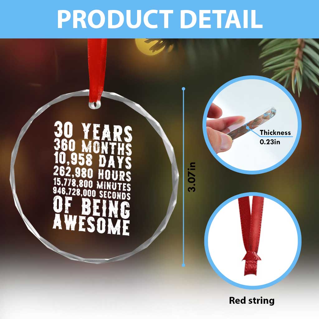 Funny 30th Birthday Crystal Glass Ornament Thirty Years Of Being Awesome