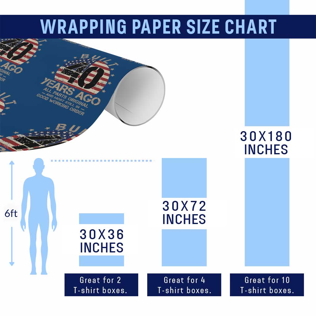 Funny 40th Birthday Wrapping Paper Roll Vintage US Flag Built 40 Years Ago Parts Original