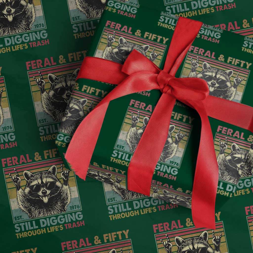 Funny 50th Birthday Wrapping Paper Roll Retro Racoon Feral And Fifty