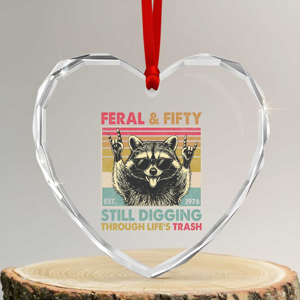 Funny 50th Birthday Heart Crystal Glass Ornament Retro Racoon Feral And Fifty