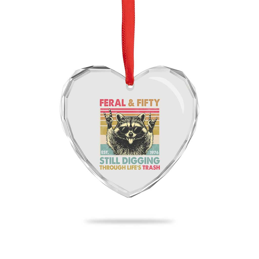 Funny 50th Birthday Heart Crystal Glass Ornament Retro Racoon Feral And Fifty