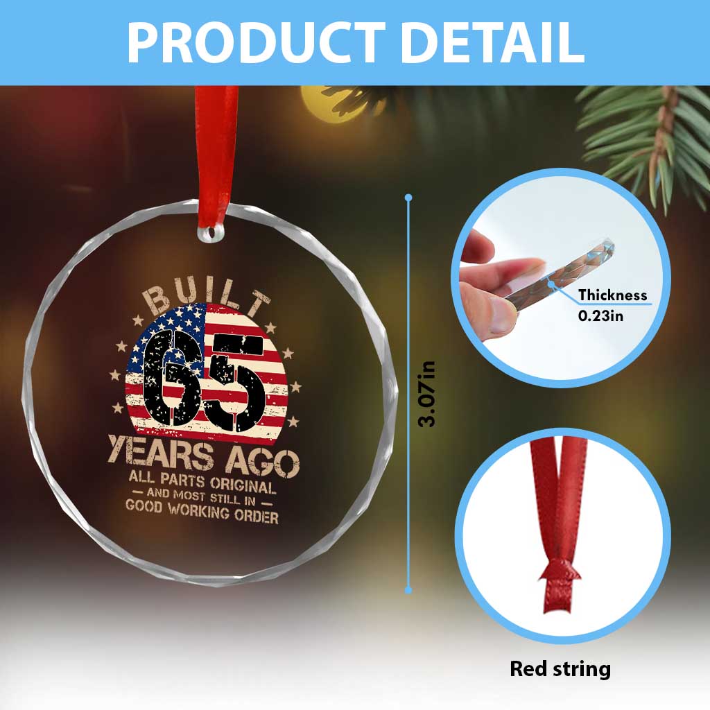 Funny 65th Birthday Crystal Glass Ornament Vintage US Flag Built 65 Years Ago Parts Original