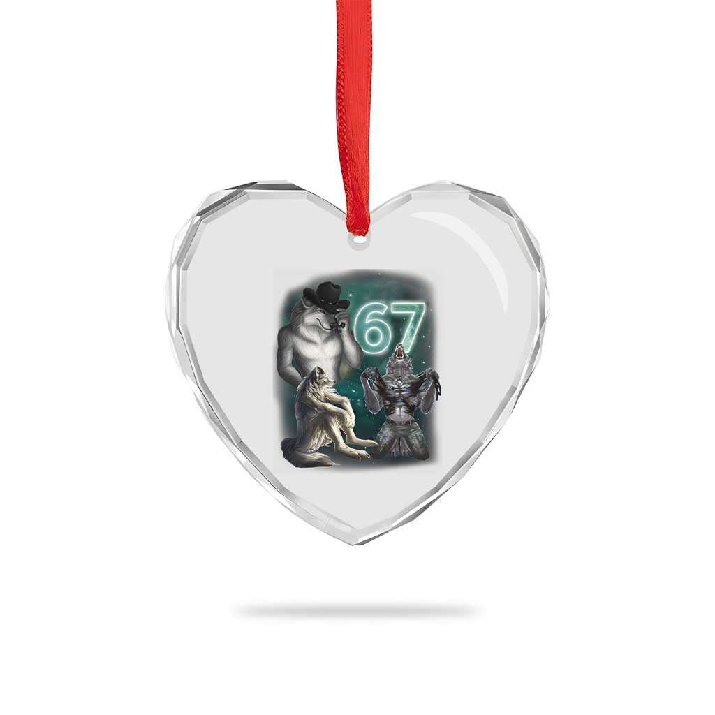 Funny 67 Alpha Wolf Heart Crystal Glass Ornament Cringe Werewolf Howling Six Seven Meme - Wonder Print Shop