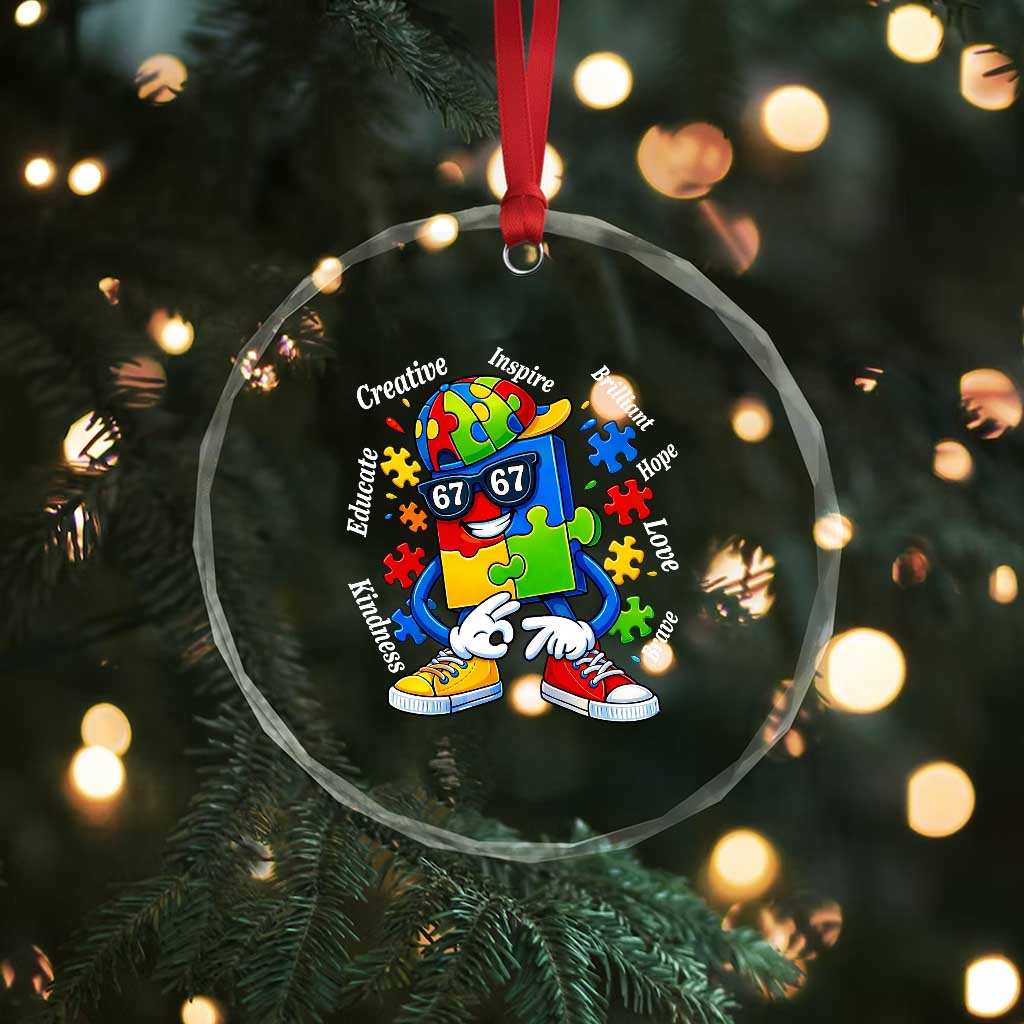 Funny 67 Autism Awareness Crystal Glass Ornament Six Seven Puzzle Meme Creative Brilliant Hope Love Kindness