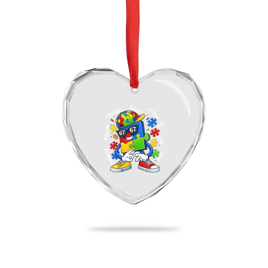 Funny 67 Autism Awareness Heart Crystal Glass Ornament Six Seven Puzzle Meme Creative Brilliant Hope Love Kindness