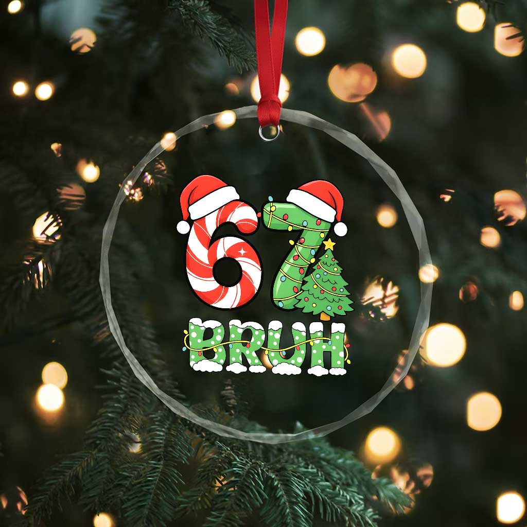 Funny 67 Bruh Christmas Crystal Glass Ornament Candy Cane and Xmas Tree Six Seven Meme Holiday Lights - Wonder Print Shop