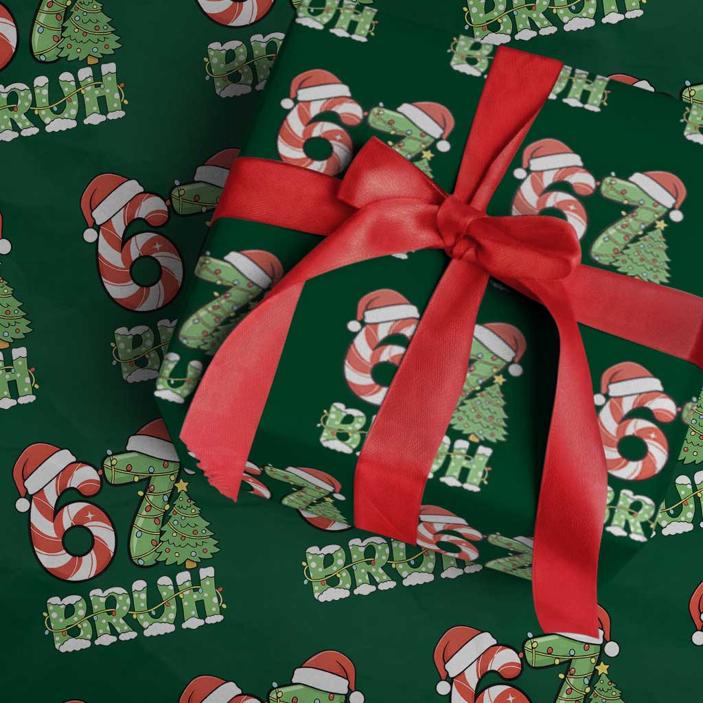 Funny 67 Bruh Christmas Wrapping Paper Roll Candy Cane and Xmas Tree Six Seven Meme Holiday Lights - Wonder Print Shop
