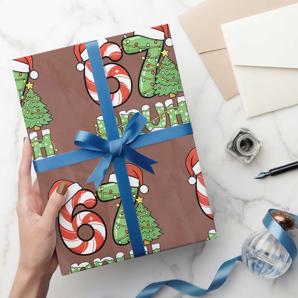 Funny 67 Bruh Christmas Wrapping Paper Roll Candy Cane and Xmas Tree Six Seven Meme Holiday Lights - Wonder Print Shop