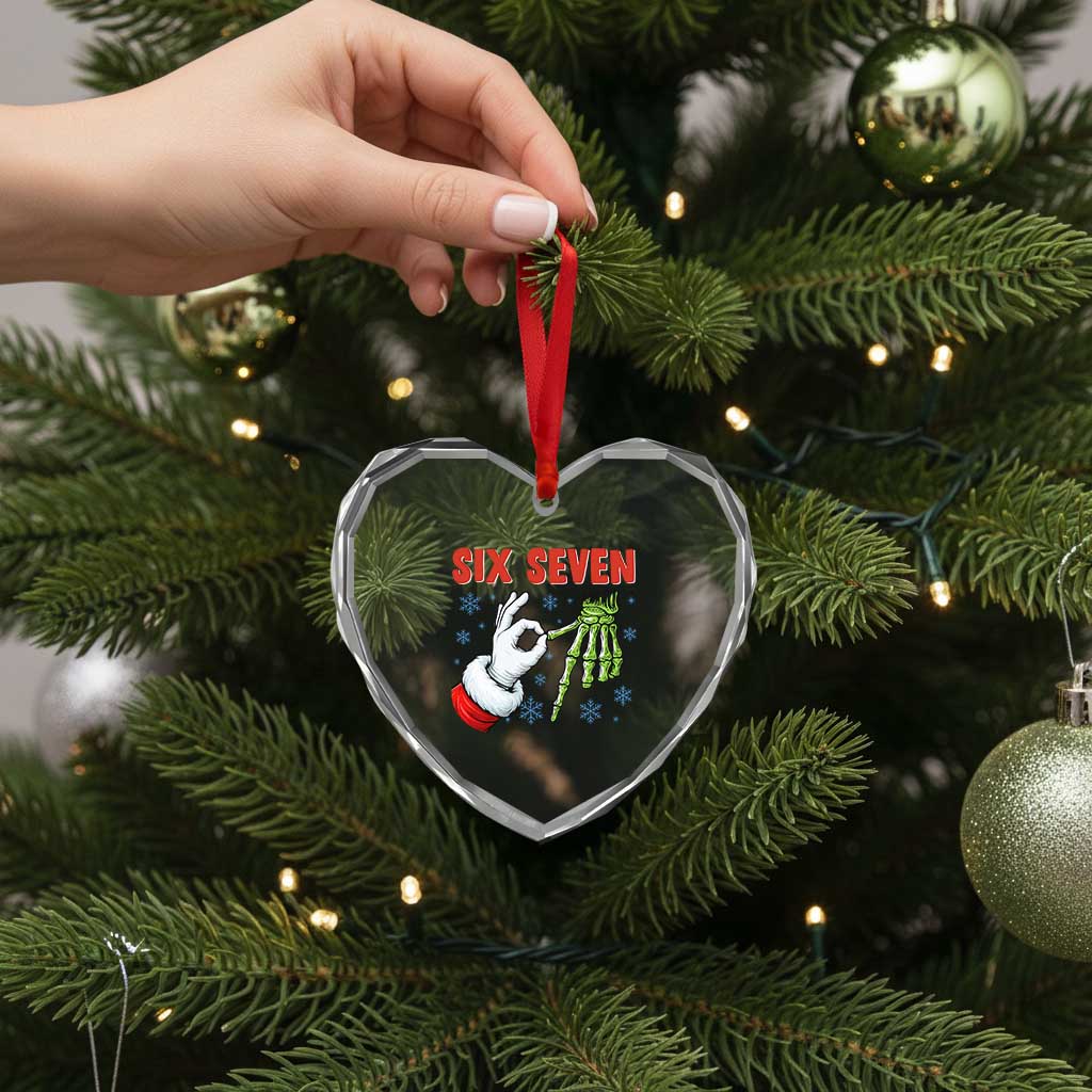 Funny 67 Christmas Heart Crystal Glass Ornament Six Seven Meme Santa Skeleton Hands Gesture Gen Alpha - Wonder Print Shop