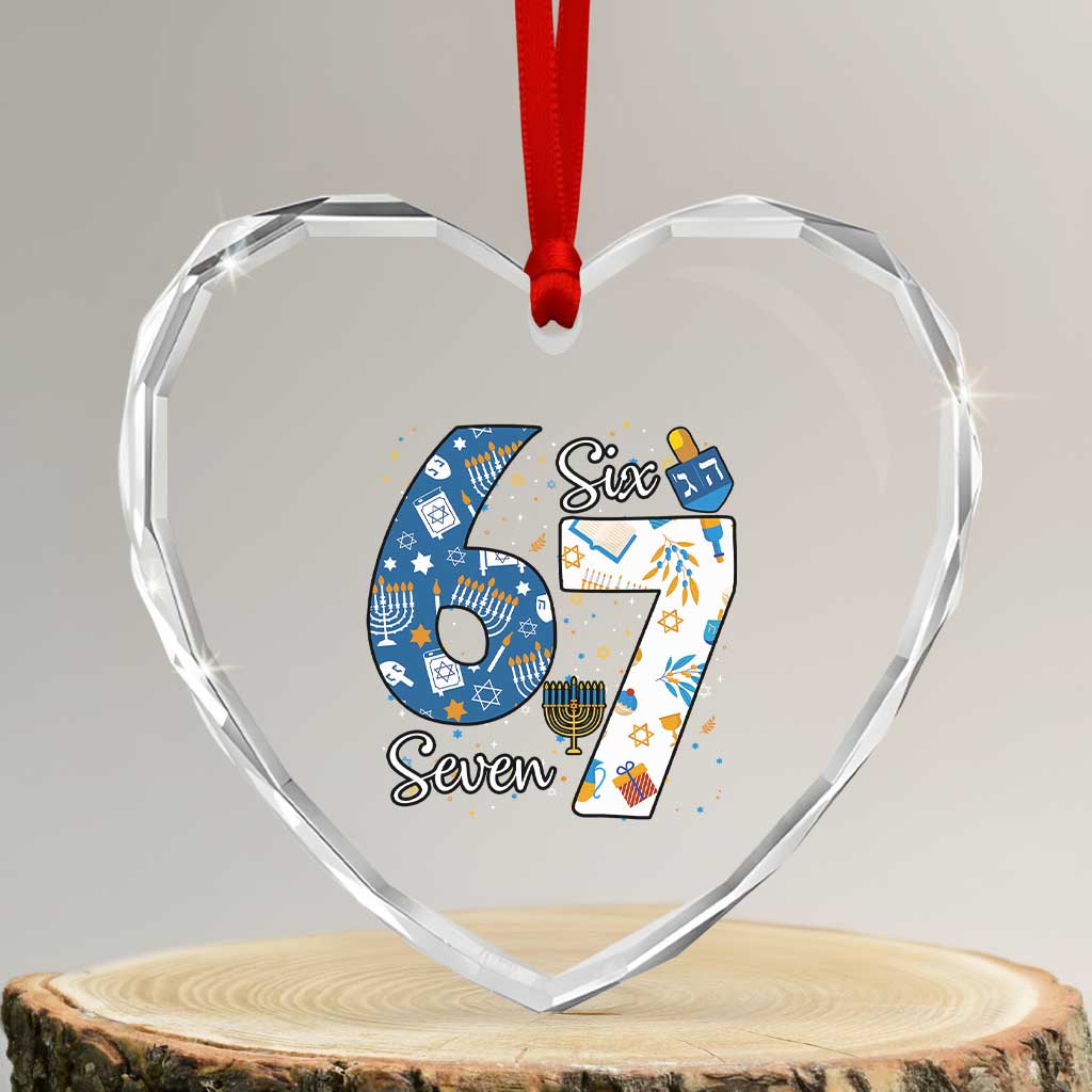 Funny 67 Hanukkah Heart Crystal Glass Ornament Chanukah Menorah Dreidel Six Seven Meme - Wonder Print Shop