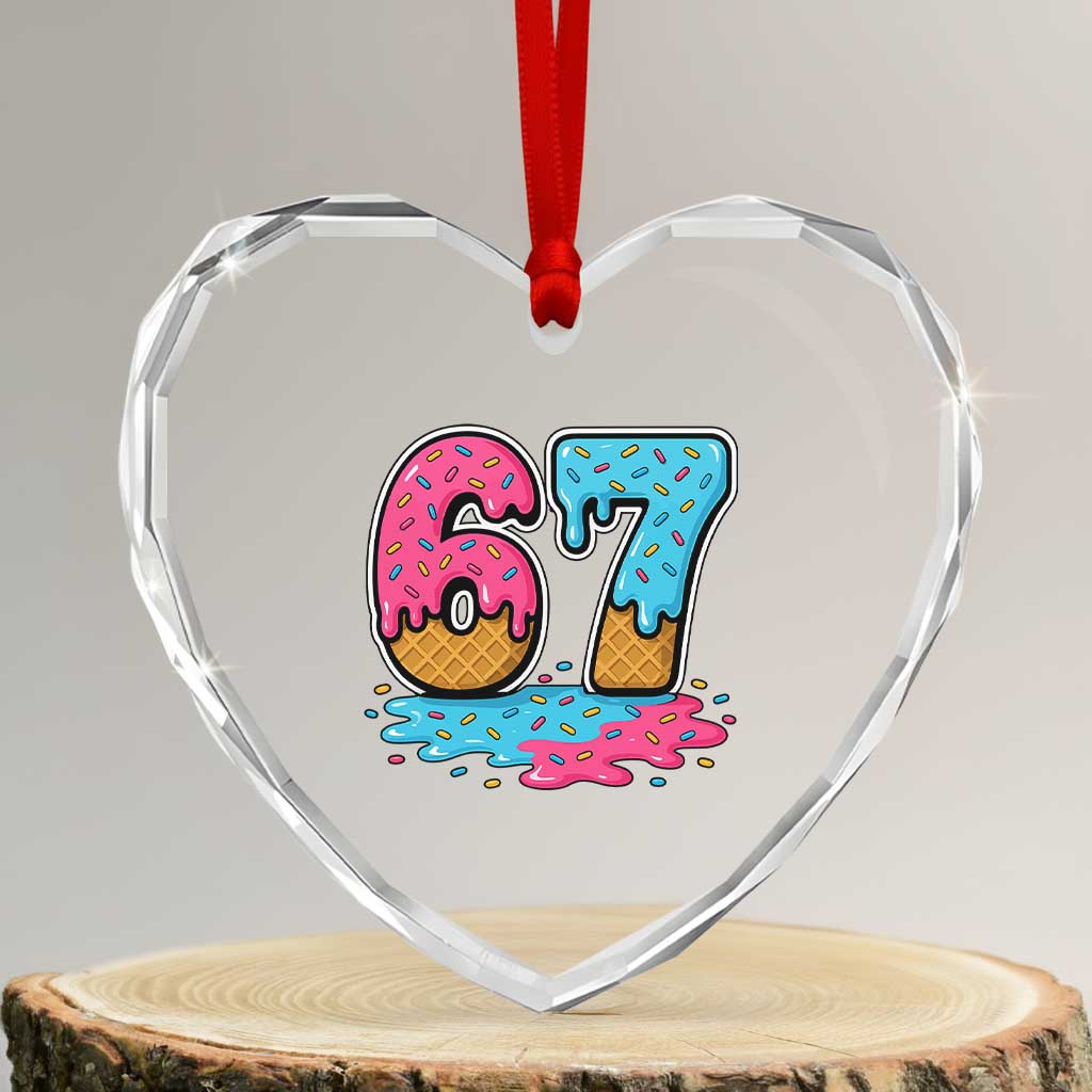 Funny 67 Ice Cream Drip Meme Six Seven Gen Alpha Slang Heart Crystal Glass Ornament - Wonder Print Shop