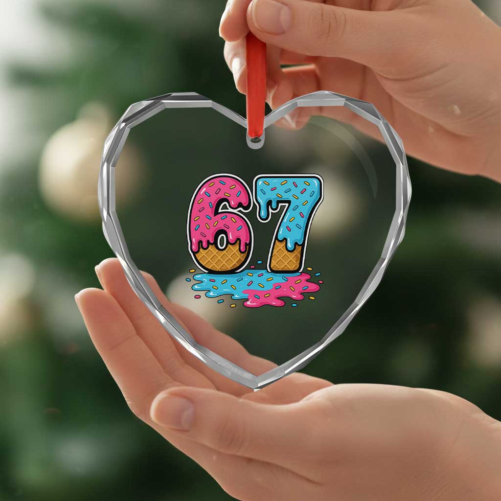 Funny 67 Ice Cream Drip Meme Six Seven Gen Alpha Slang Heart Crystal Glass Ornament - Wonder Print Shop