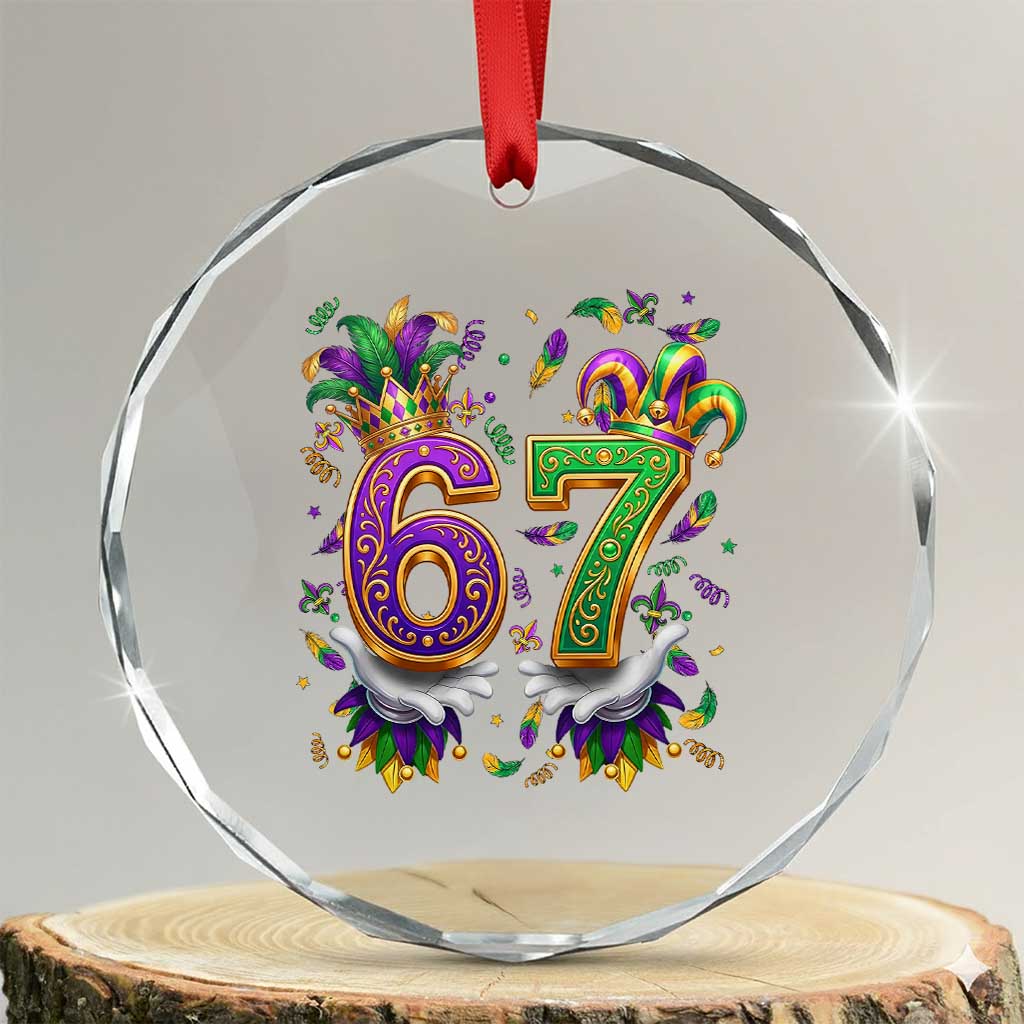 Funny 67 Mardi Gras Crystal Glass Ornament Six Seven Meme Carnival Hand Gesture