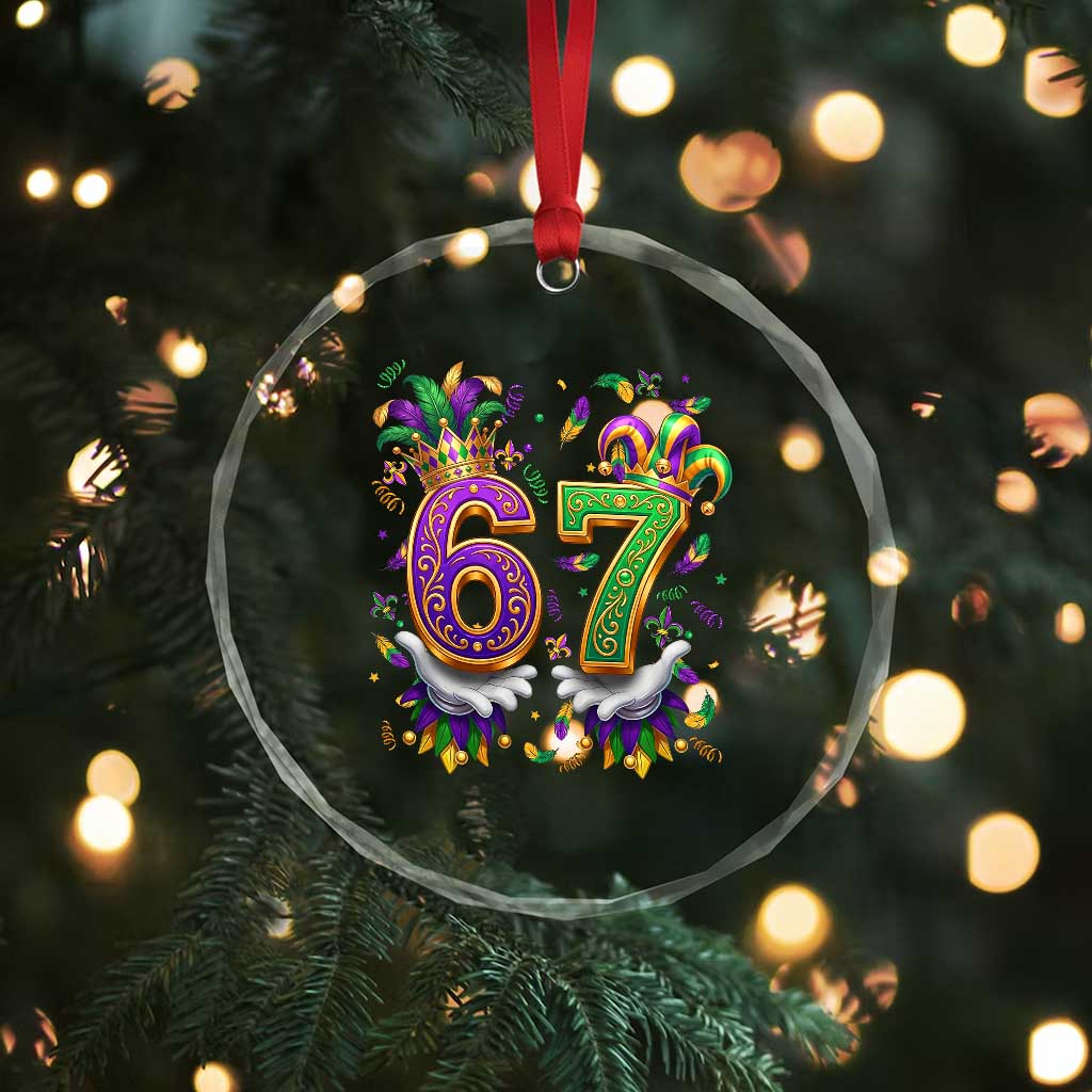 Funny 67 Mardi Gras Crystal Glass Ornament Six Seven Meme Carnival Hand Gesture