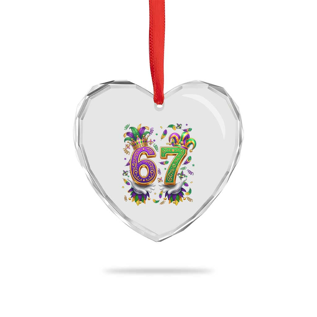 Funny 67 Mardi Gras Heart Crystal Glass Ornament Six Seven Meme Carnival Hand Gesture