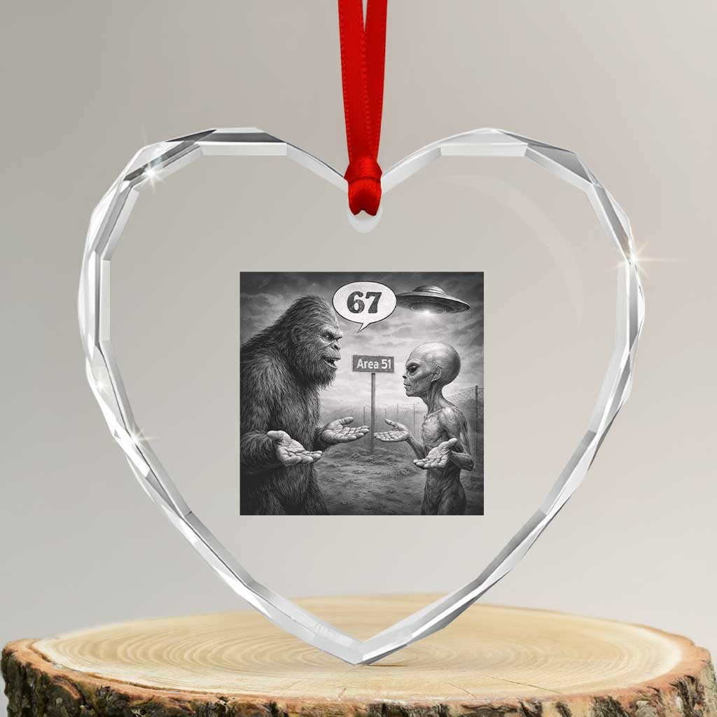 Funny 67 Meme Bigfoot Alien Heart Crystal Glass Ornament Six Seven Sasquatch Area 51 UFO Conspiracy