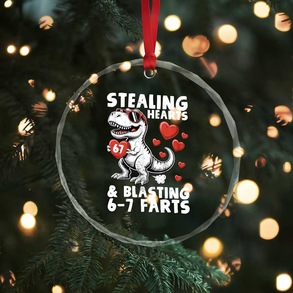 Funny 67 Meme Valentines Day Dinosaur Crystal Glass Ornament Stealing Hearts And Blasting 67 Farts