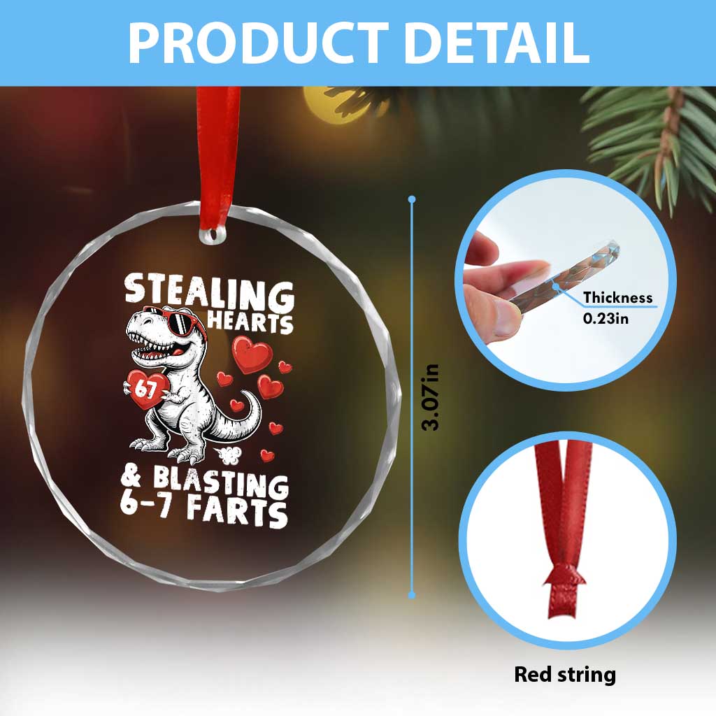 Funny 67 Meme Valentines Day Dinosaur Crystal Glass Ornament Stealing Hearts And Blasting 67 Farts