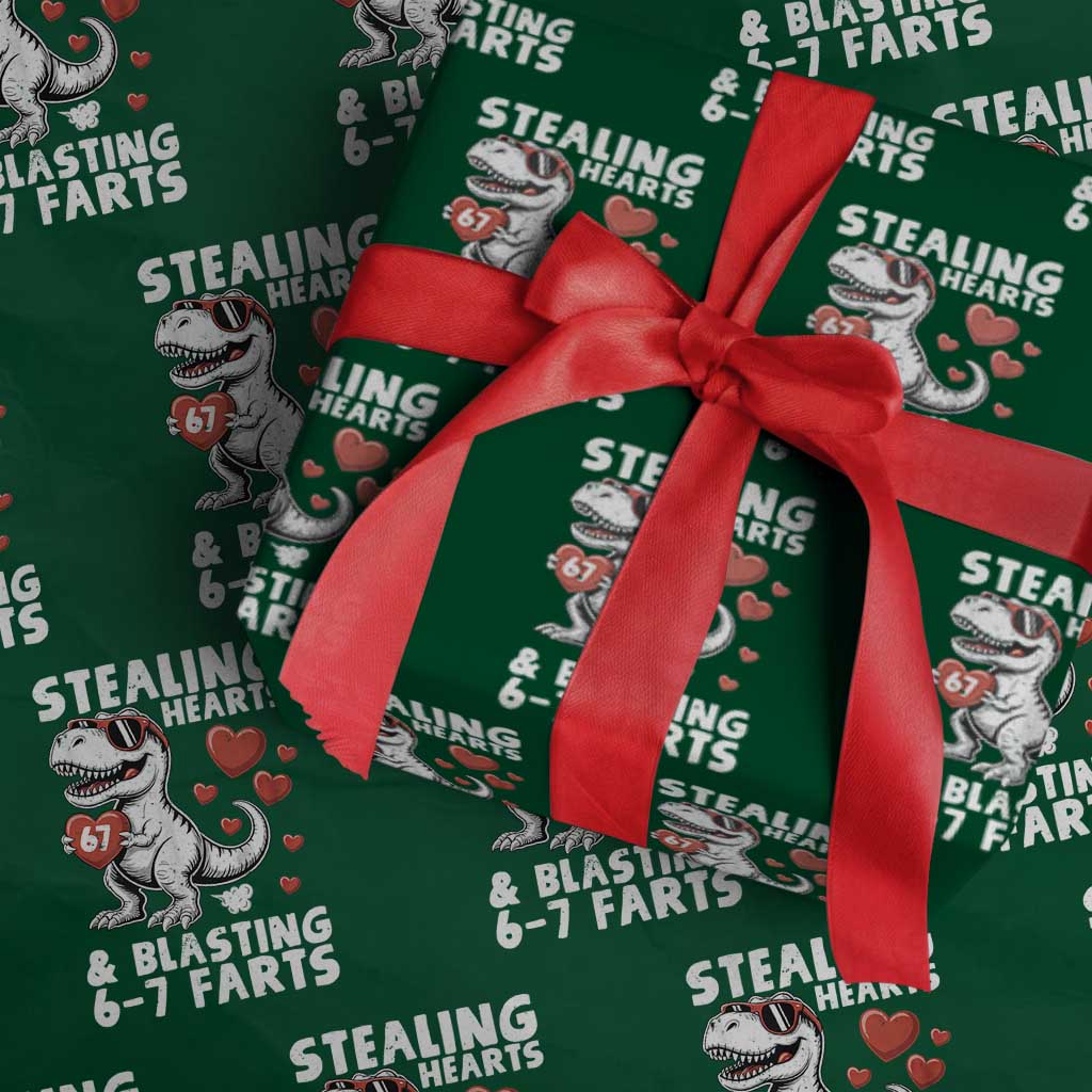 Funny 67 Meme Valentines Day Dinosaur Wrapping Paper Roll Stealing Hearts And Blasting 67 Farts