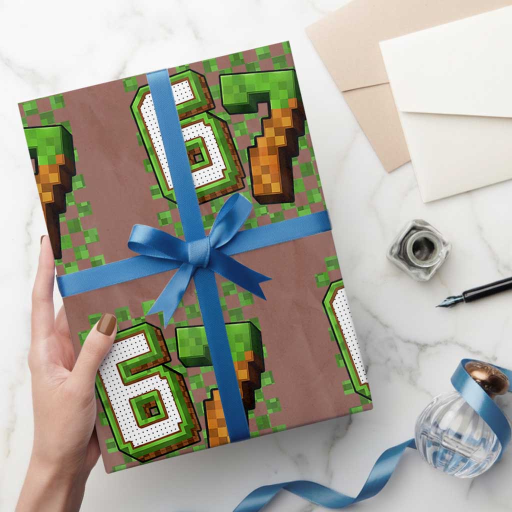 Funny 67 Pixel Style Graphic Wrapping Paper Roll Viral Six Seven Meme Gamer - Wonder Print Shop