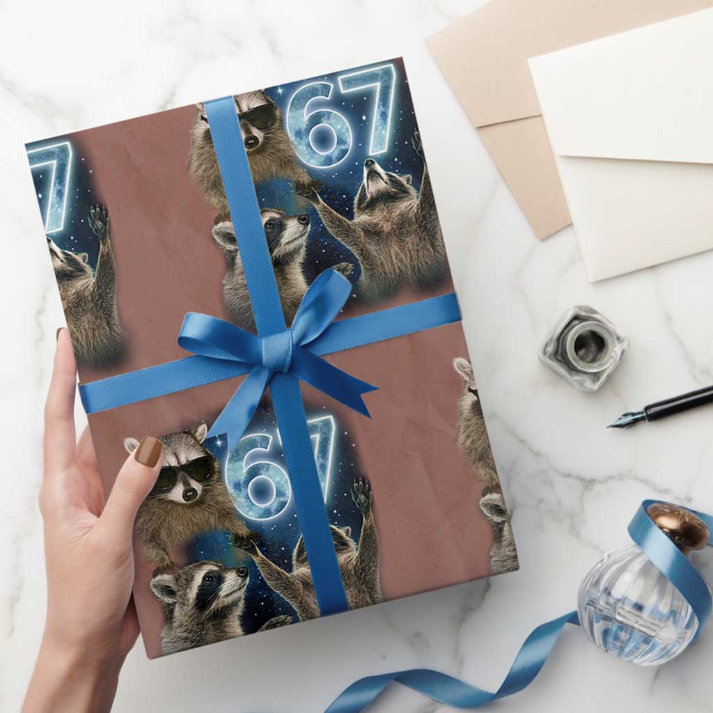 Funny 67 Raccoon Meme Wrapping Paper Roll Howling at The Moon Funny Six Seven Weird Cursed - Wonder Print Shop