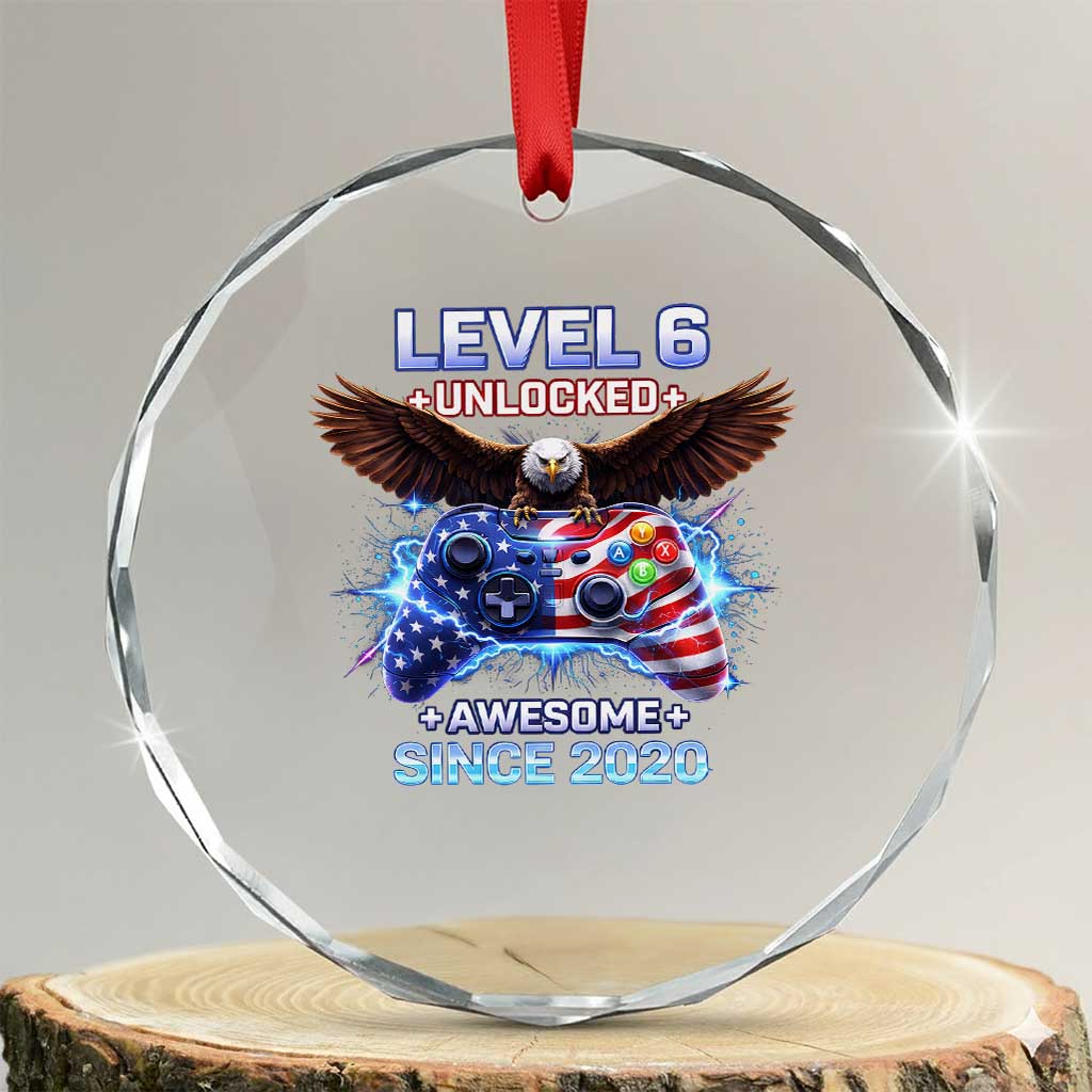 Funny 6th Birthday Crystal Glass Ornament Level 6 Unlocked Awesome Since 2020 USA Gamer