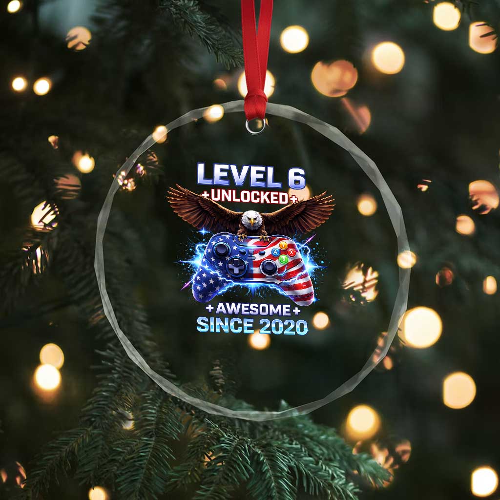 Funny 6th Birthday Crystal Glass Ornament Level 6 Unlocked Awesome Since 2020 USA Gamer