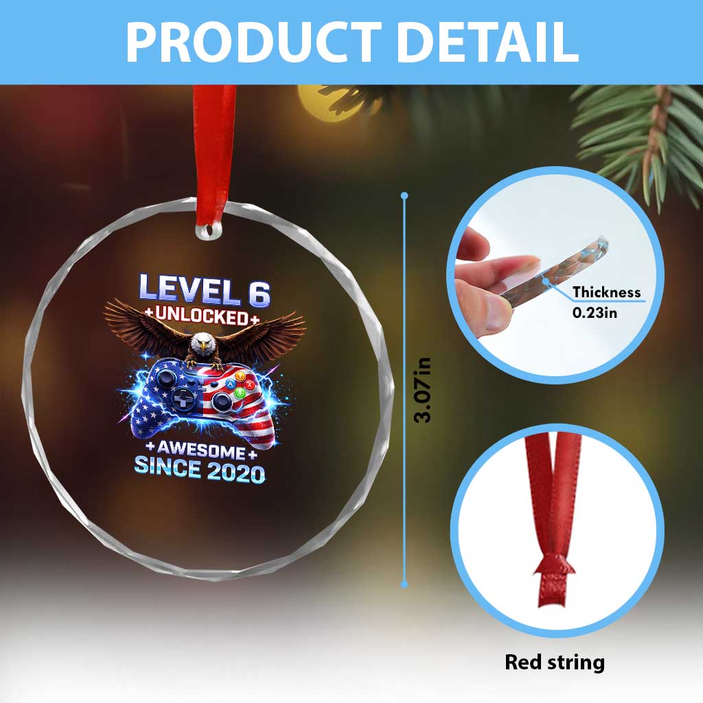 Funny 6th Birthday Crystal Glass Ornament Level 6 Unlocked Awesome Since 2020 USA Gamer