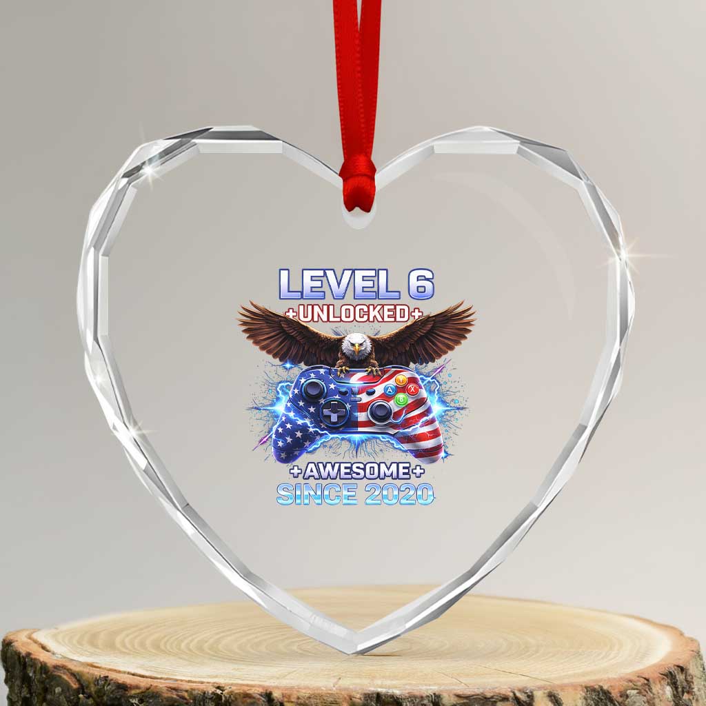 Funny 6th Birthday Heart Crystal Glass Ornament Level 6 Unlocked Awesome Since 2020 USA Gamer