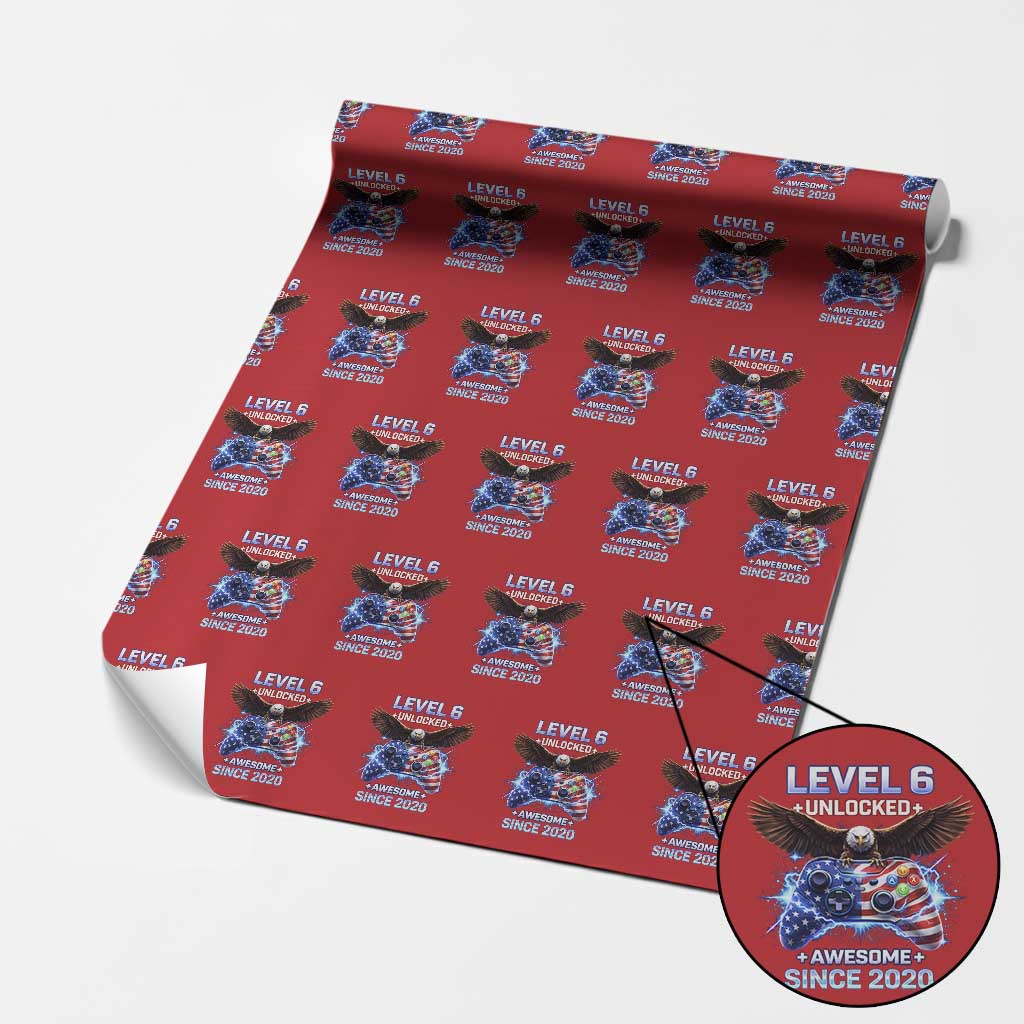 Funny 6th Birthday Wrapping Paper Roll Level 6 Unlocked Awesome Since 2020 USA Gamer