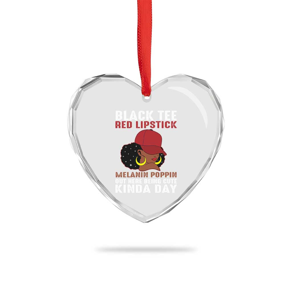 Funny African American Afro Queen Heart Crystal Glass Ornament Black Tee Red Lipstick Melanin Poppin Out Here Being Cute - Wonder Print Shop