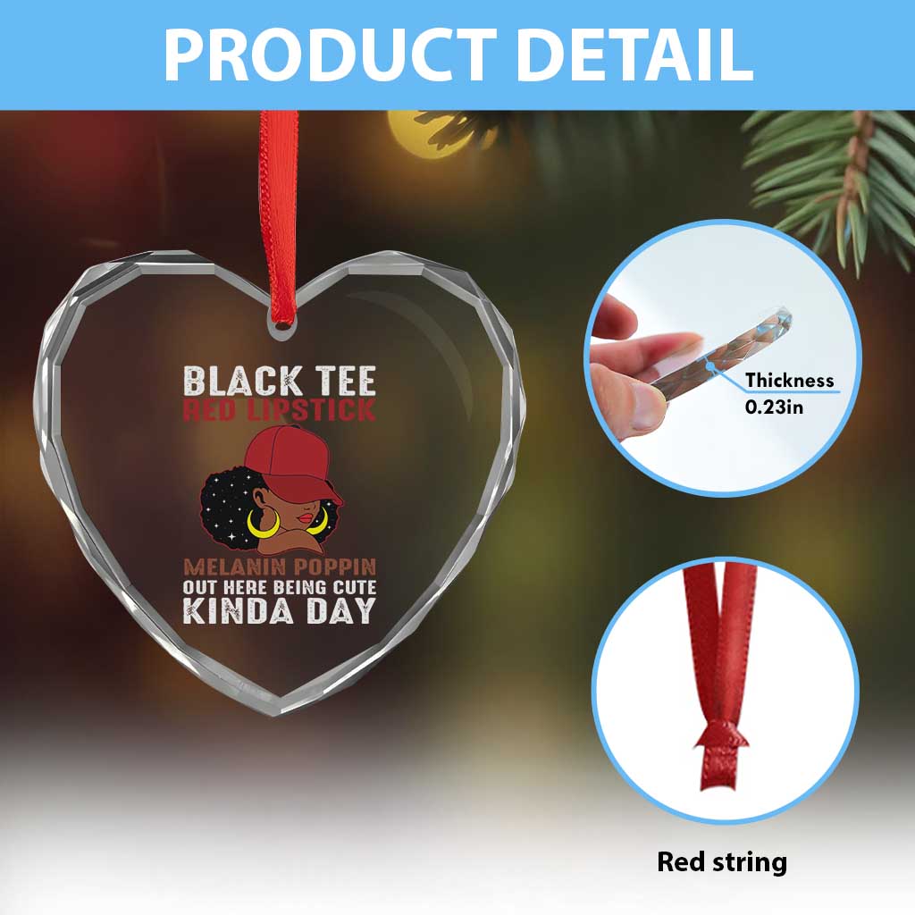 Funny African American Afro Queen Heart Crystal Glass Ornament Black Tee Red Lipstick Melanin Poppin Out Here Being Cute - Wonder Print Shop