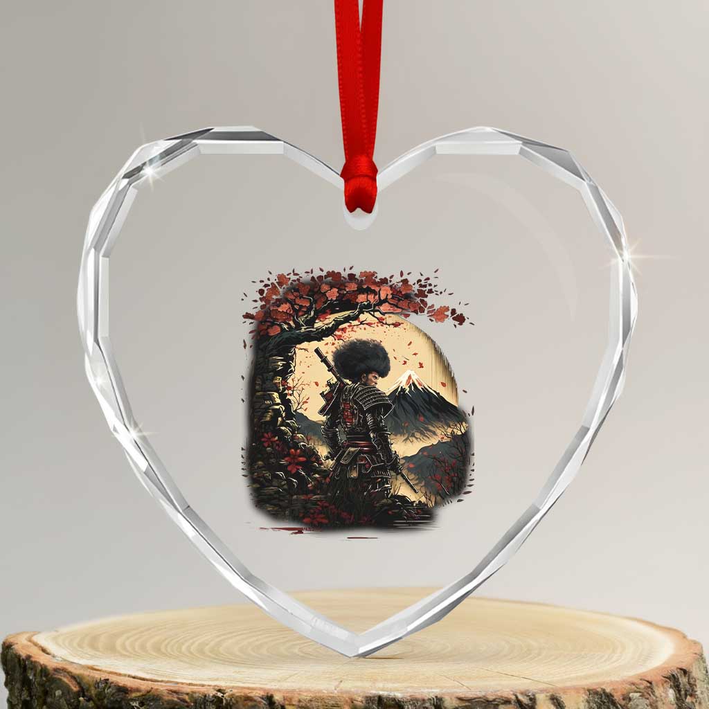 Funny African American Samurai Heart Crystal Glass Ornament Japanese Art Black Warrior Sakura
