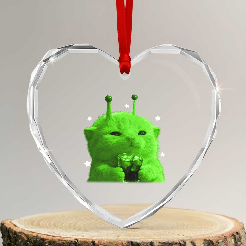 Funny Alien Cat Meme Heart Crystal Glass Ornament Funny Kitten 90s Retro Vintage Graphic Weird Cats Y2k - Wonder Print Shop