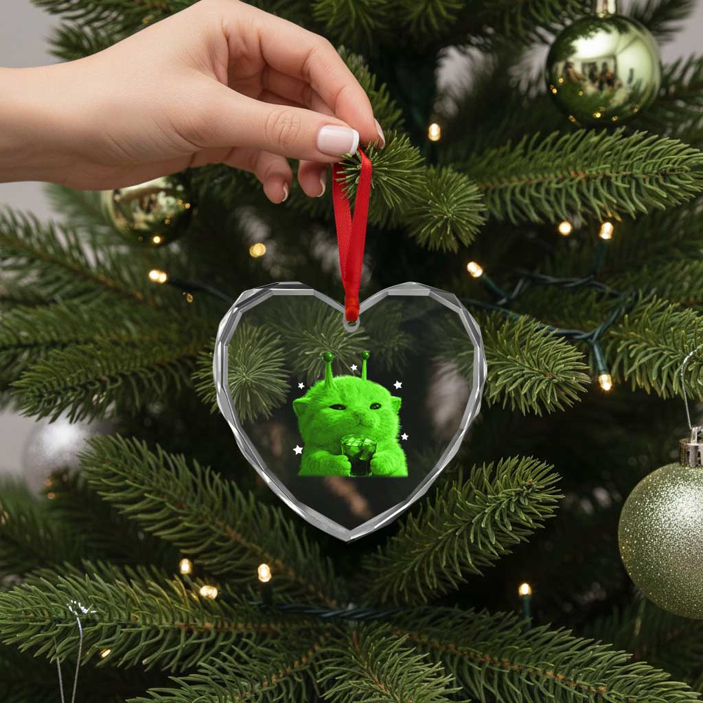 Funny Alien Cat Meme Heart Crystal Glass Ornament Funny Kitten 90s Retro Vintage Graphic Weird Cats Y2k - Wonder Print Shop