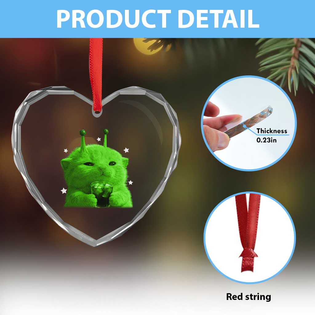 Funny Alien Cat Meme Heart Crystal Glass Ornament Funny Kitten 90s Retro Vintage Graphic Weird Cats Y2k - Wonder Print Shop