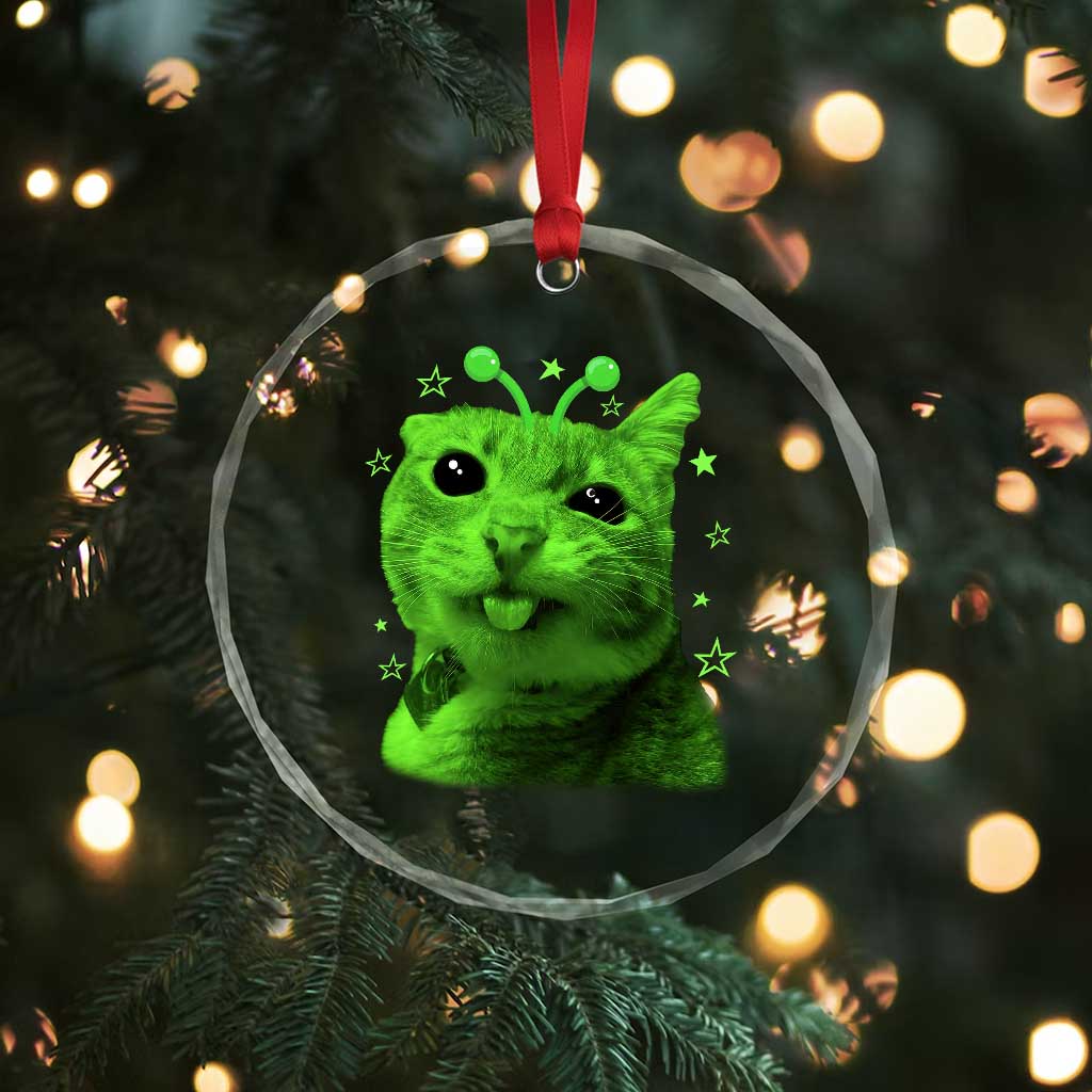 Funny Alien Cat Meme Retro Y2K Vintage Space Kitty Crystal Glass Ornament