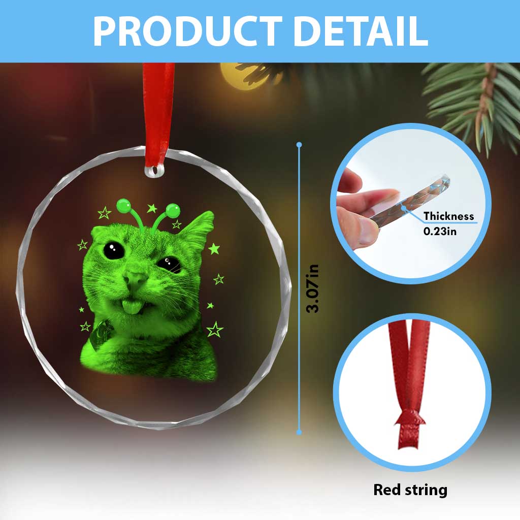 Funny Alien Cat Meme Retro Y2K Vintage Space Kitty Crystal Glass Ornament