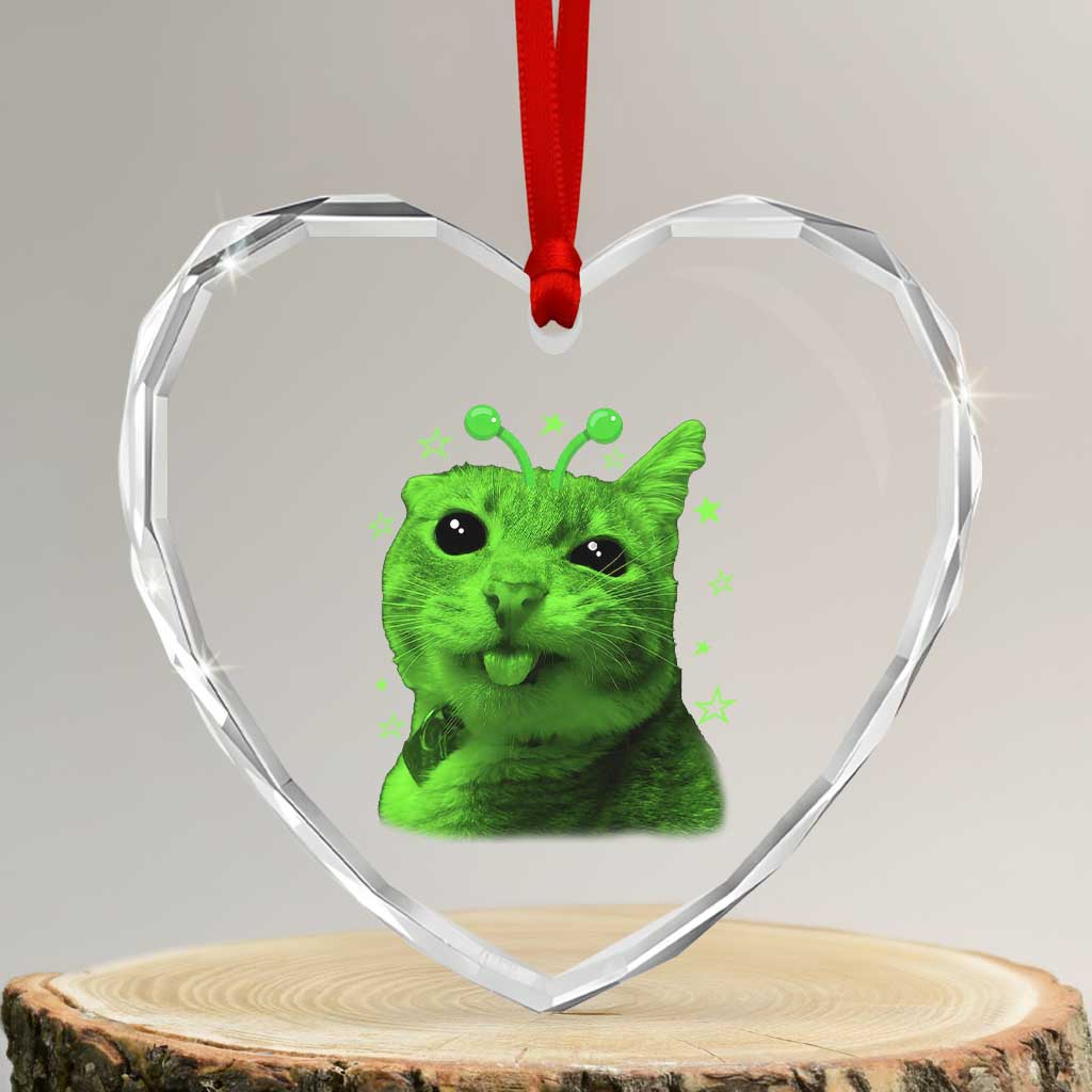 Funny Alien Cat Meme Retro Y2K Vintage Space Kitty Heart Crystal Glass Ornament