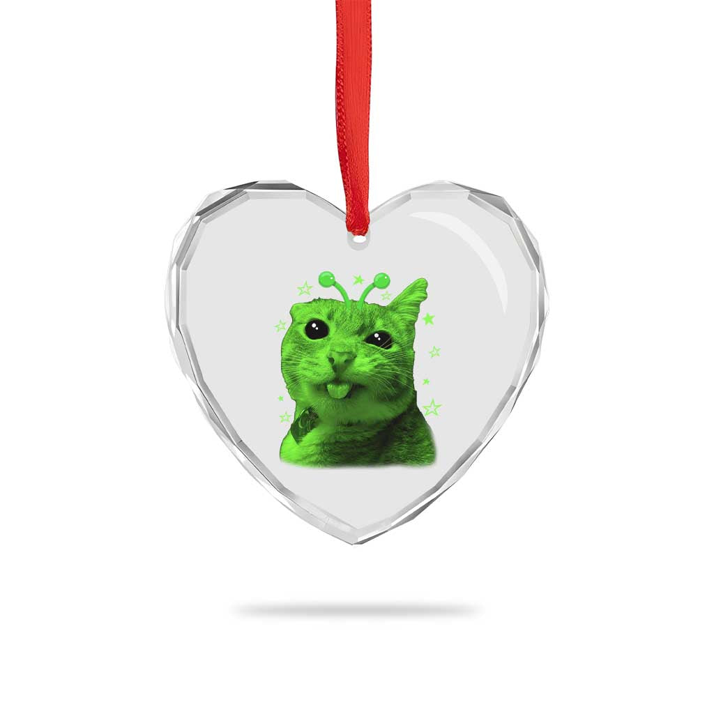 Funny Alien Cat Meme Retro Y2K Vintage Space Kitty Heart Crystal Glass Ornament