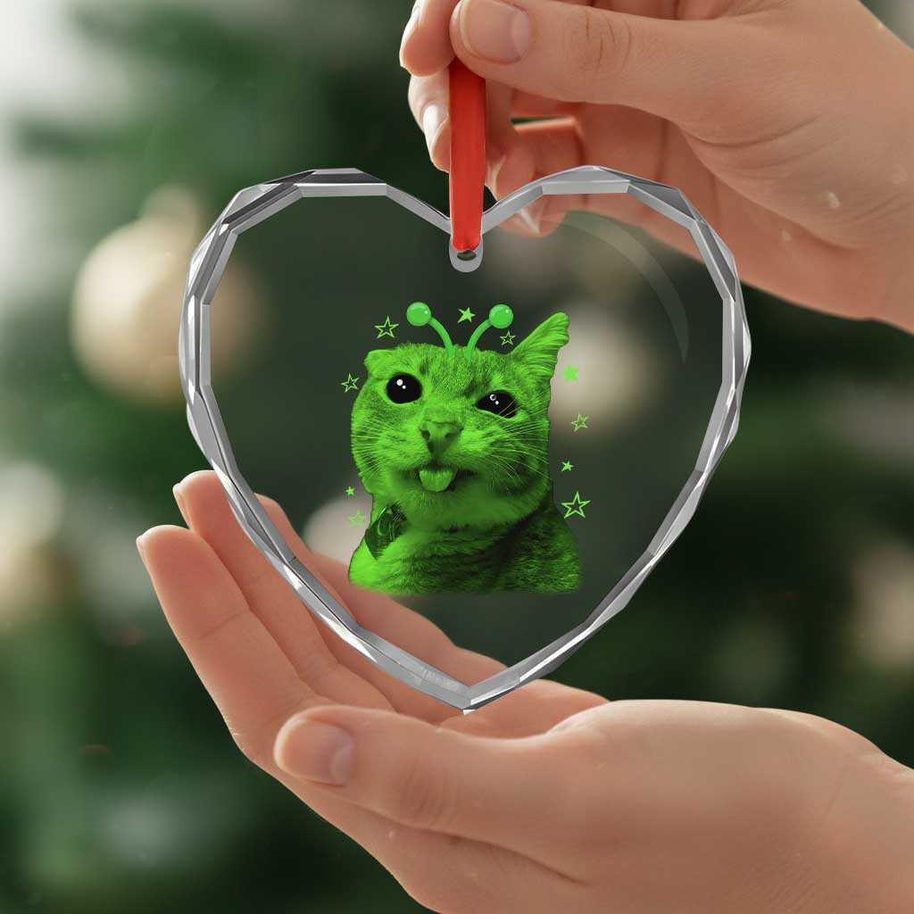 Funny Alien Cat Meme Retro Y2K Vintage Space Kitty Heart Crystal Glass Ornament