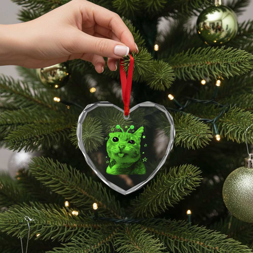 Funny Alien Cat Meme Retro Y2K Vintage Space Kitty Heart Crystal Glass Ornament