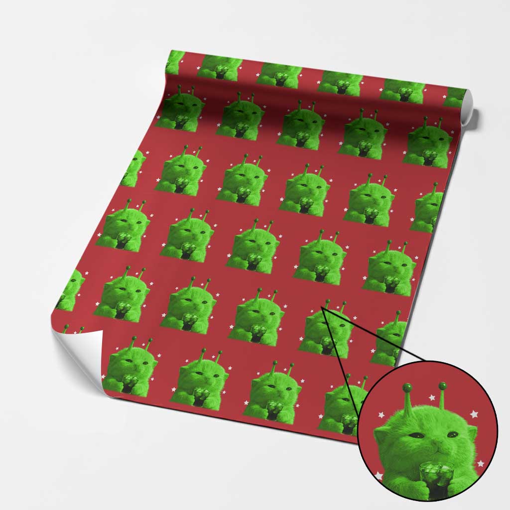 Funny Alien Cat Meme Wrapping Paper Roll Funny Kitten 90s Retro Vintage Graphic Weird Cats Y2k - Wonder Print Shop
