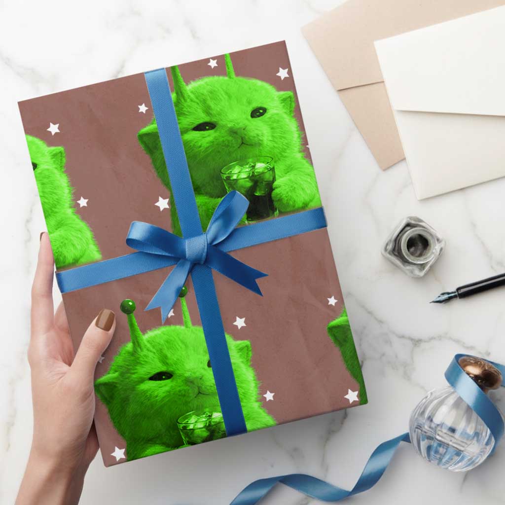 Funny Alien Cat Meme Wrapping Paper Roll Funny Kitten 90s Retro Vintage Graphic Weird Cats Y2k - Wonder Print Shop