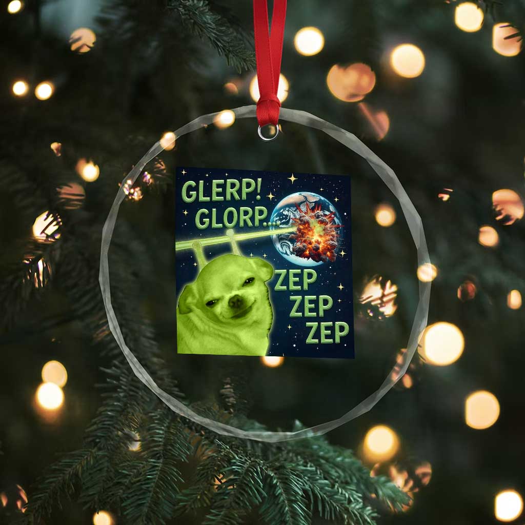 Funny Alien Dog Meme Crystal Glass Ornament Glorp Zep Sci-Fi Humor Chihuahua - Wonder Print Shop