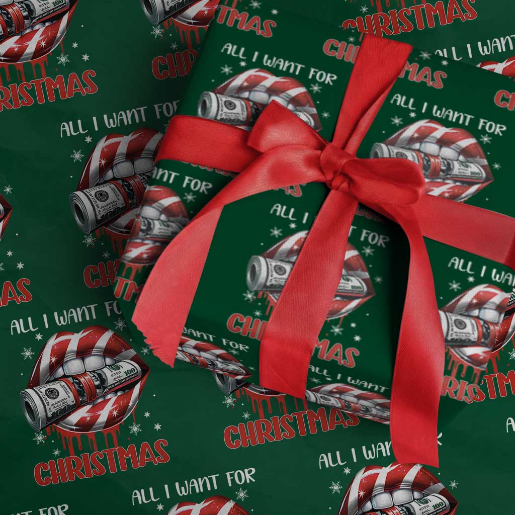 Funny All I Want For Christmas Is Money Wrapping Paper Roll Candy Cane Lips - Wonder Print Shop
